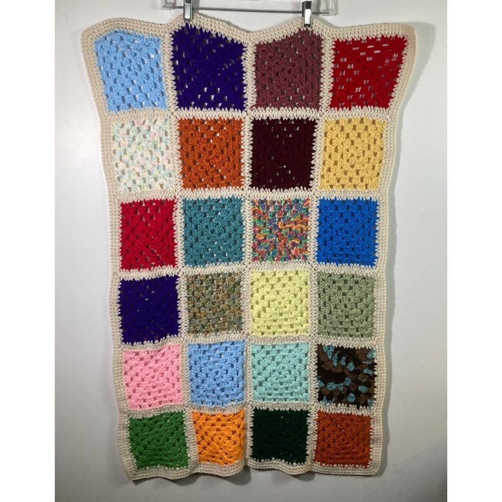 Vintage Baby's Granny Square Crochet Blanket 25 x 41 White Trim Multicolored Sq